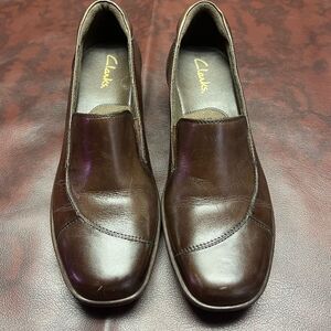 Clarks brown leather‎ slip on shoes, size 8 1/2